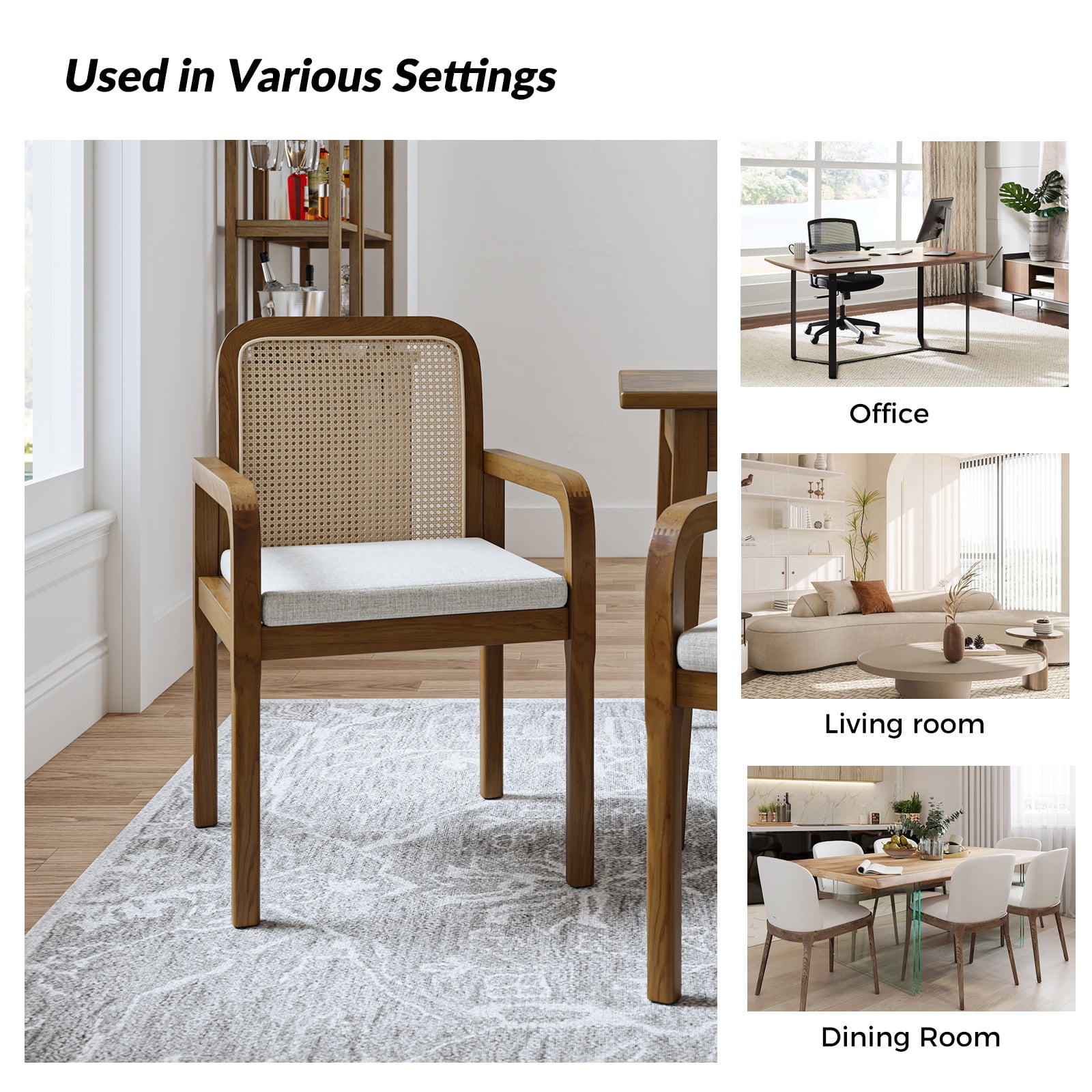 Tina's Home Rattan Dining Chairs Set of 2 Wooden Armchairs Removable Cushion Home Kitchen Restaurant Acorn