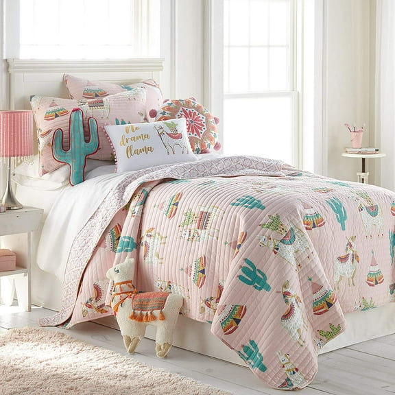 Levtex Home - Lima Llama Quilt Set - Full/Queen Quilt (88x92in.) Two Standard Pillow Shams (26x20in.) - Lots of Llamas in White, Taupe, Orange, Green, Burgandy, Pink - Reversible - Cotton
