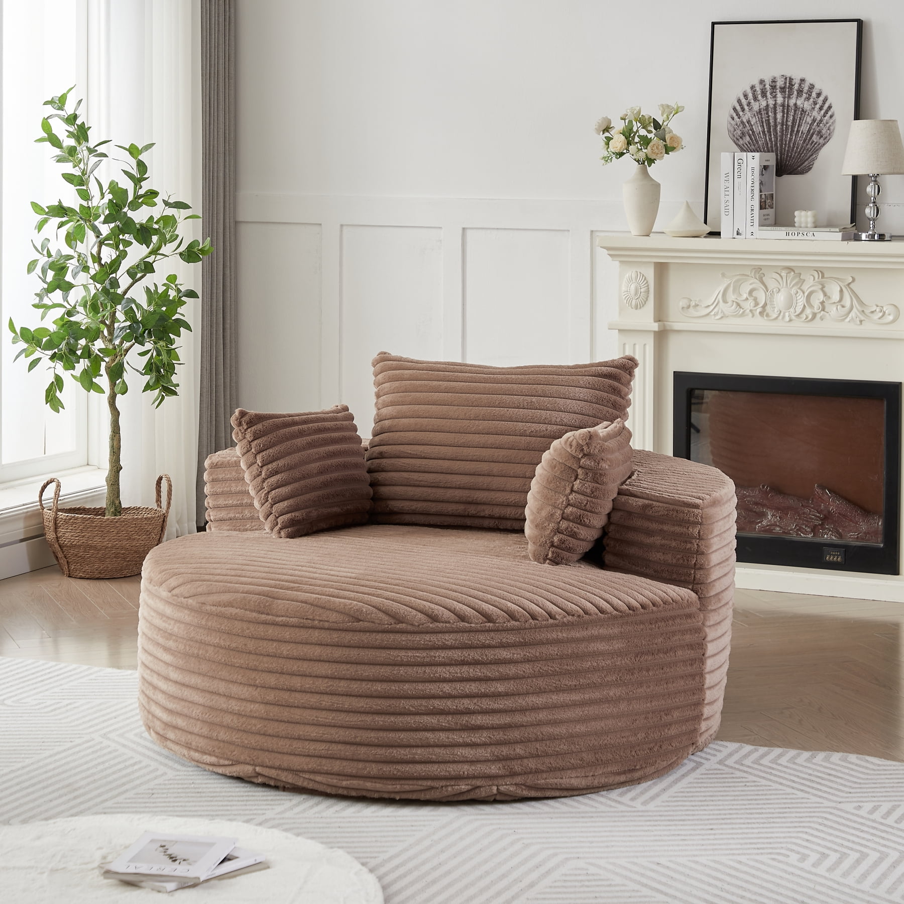 Leumius 55'' Oversized Round Chaise Longue Chair,Upholstered Corduroy Single Cloud Circle Sofa Chair with Deep Seat,Fluffy Modern Sleeper Sofa Bed for Reading,Living Room,Bedroom,