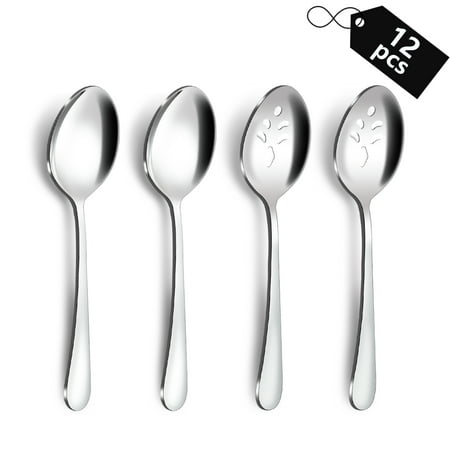 Mirdinner 12 Pcs Serving Set, Stainless Steel Serving Utensil Hostess Set with Serving Spoon and Slotted Spoons, Mirror Polished, Dishwasher Safe, Large Serving Spoons For Buffet/ Parties