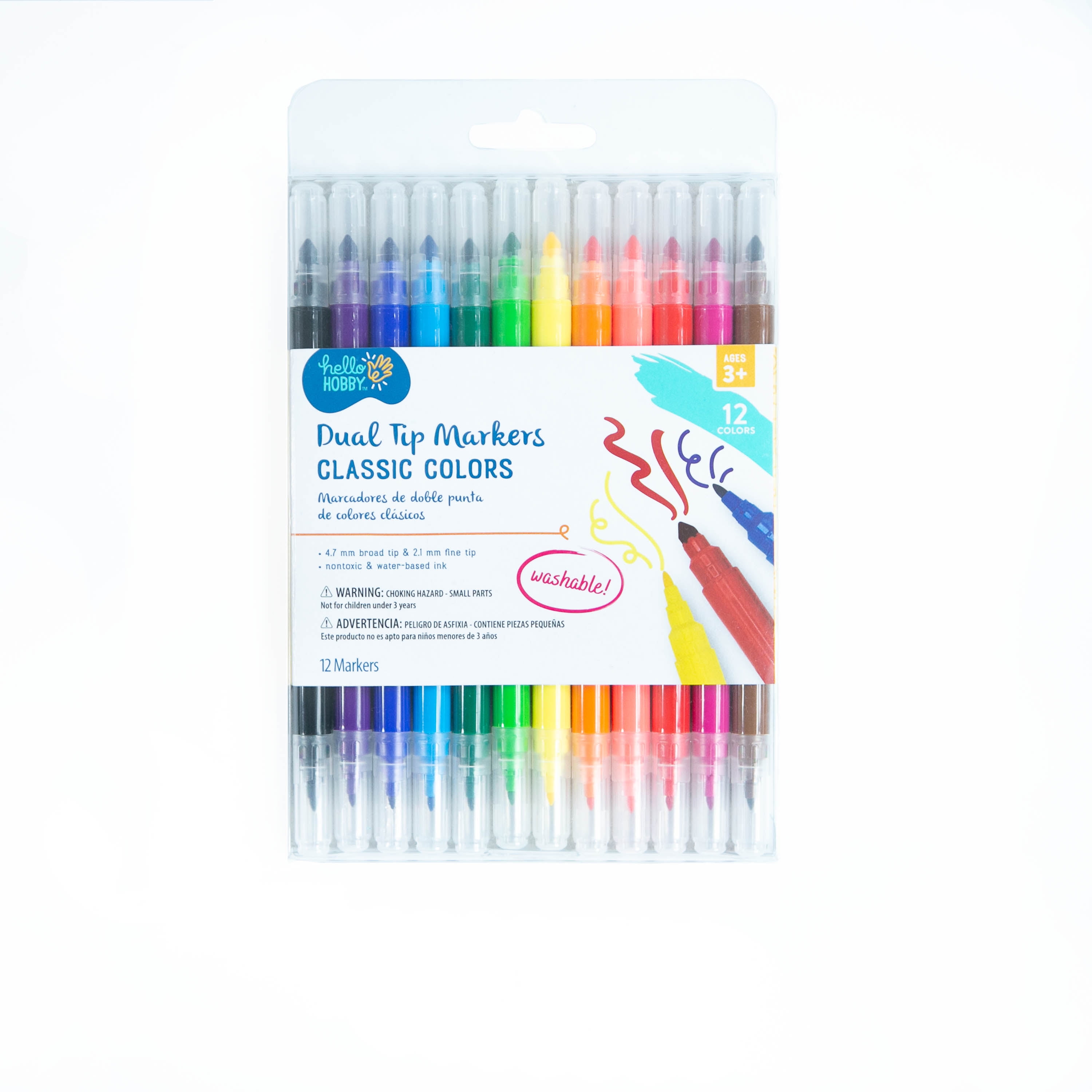 Hello Hobby Washable Dual Tip Markers, Classic Colors, 12Pcs, #40137