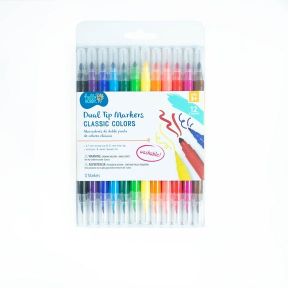 Hello Hobby Washable Dual Tip Markers, Brush and Fine Tips, Assorted Classic Colors, 12 Count