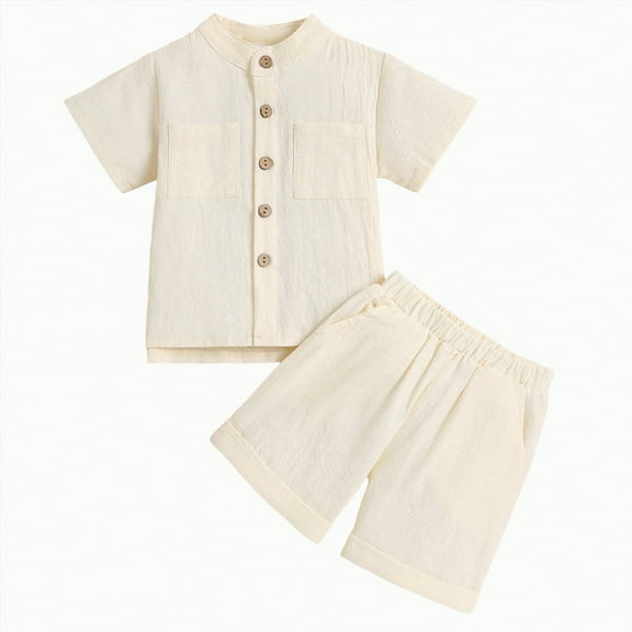 TOWED22 Toddler Baby Boys Summer Short Sleeve Polo Shirts Set 2-piece Striped Outfits 18 Month-5T(Beige,3-4 Y)