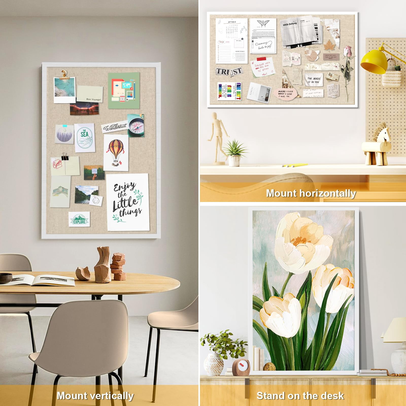Sfugno Large Bulletin Board 30x20 inch with Linen Wood Boards Wall Decor Hanging Pin Wood Framed Display Bulletin Cork Photo Picture Board Light for Room School Office,White