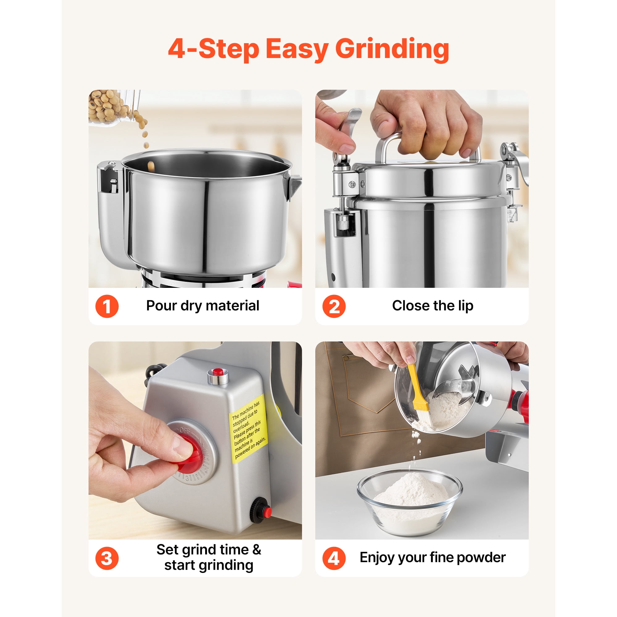 KFFKFF 750g Electric Grain Mill Grinder, 2000W 28000RPM High-Speed Machine for Grinding Dry Grains, Coffee Beans, Spices, and Nuts, Stainless Steel Pulverizer with 270° Swing Design