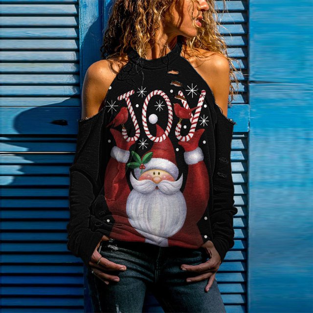 ICHUANYI Clearance Women Fashion Christmas Strapless Printing Long Sleeves Blouses Sweatshirt Tops ICHUANYI "ICHUANYI"