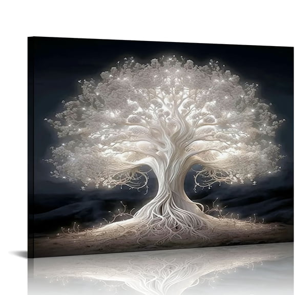 White Tree of Life Canvas Art Print, Wooden Framed Wall Decor for Living Room, Bedroom, Office, Single Party, Unique Christmas Gift