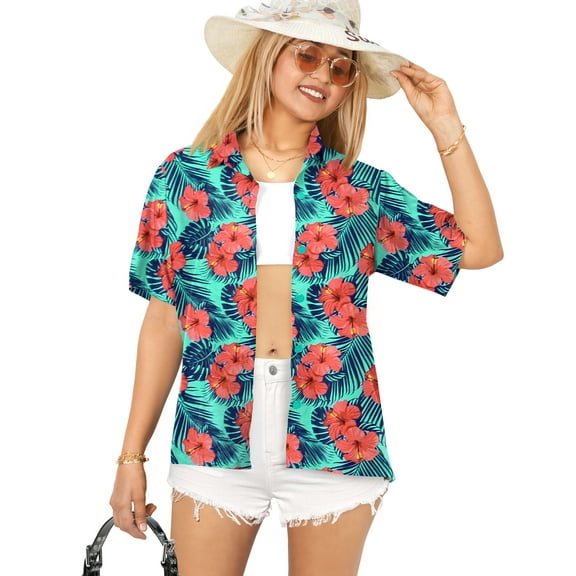 LA LEELA Hawaiian Shirts Womens Casual Summer Beach Party Blouses Shirt Open Front Blouse Short Sleeve Tropical Vacation Dress Shirts Dresses for Women S Floral, Blue