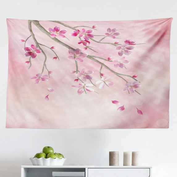 Nature Tapestry, Sakura Blossom Japanese Cherry Tree Garden Summertime Vintage Cultural Print, Fabric Wall Hanging Decor for Bedroom Living Room Dorm, 2 Sizes, Grey and Vermilion, by Ambesonne