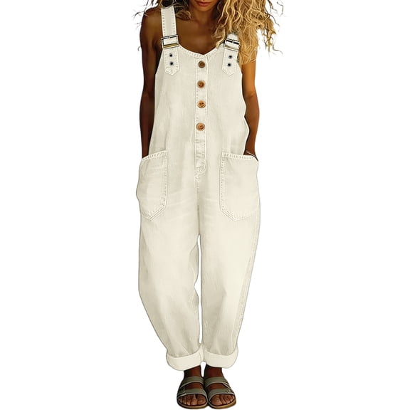 Textilo Womens Denim Bib Overall Wide Leg Button Front Jumpsuits with Pockets Adjustable Straps Sleeveless Romper Vintage Loose Casual Y2k Baggy Outfit,White S