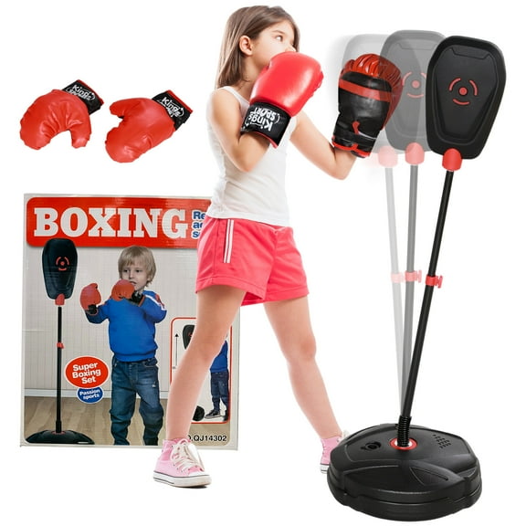 Qaba Punching Bag for Kids,Punching Bag with Stand,Boxing Gloves for 5-10 Year Old,Adjustable Kids Boxing Bag,Children Boxing Set,Sports Toy for Boys & Girls,Black,Black Steel Furniture Youth Kids