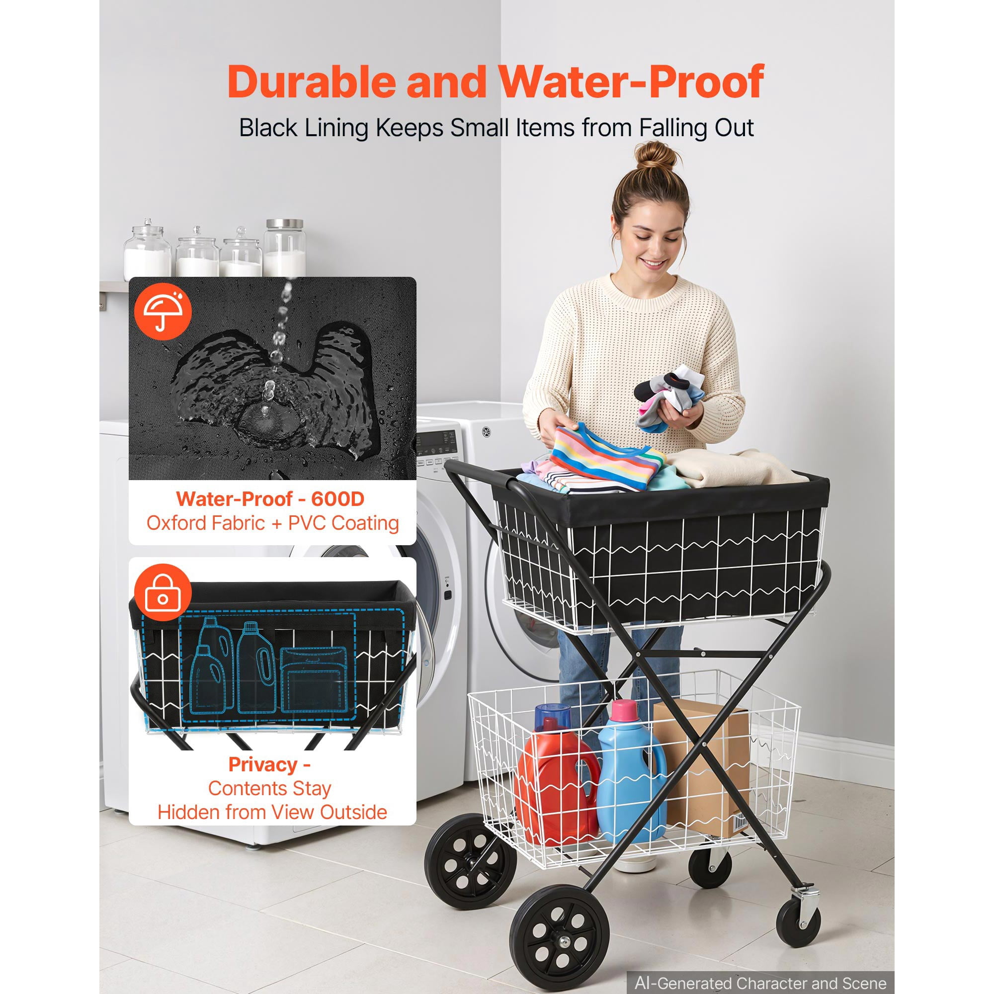 KFFKFF Foldable 2-Tier Shopping Cart with Wheels, 88lbs Capacity, Utility Cart with Detachable Storage Baskets and 360° Swivel Wheels for Groceries, Warehouse, and Supermarket Use