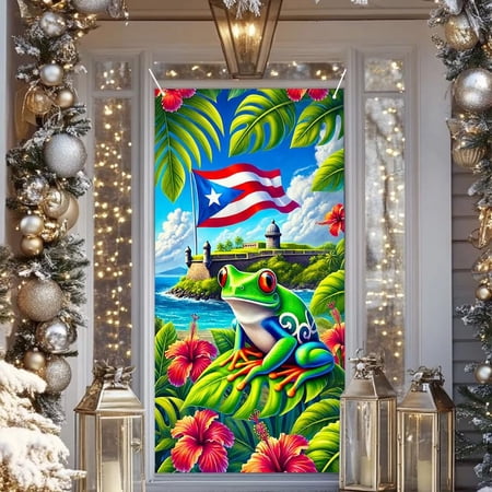 Puerto Rico Frog Garden Flag 12x18 Inch Tropical Hibiscus Flowers El Morro Fortress Outdoor Double Sided Yard Banner for Patio Lawn Porch Decoration