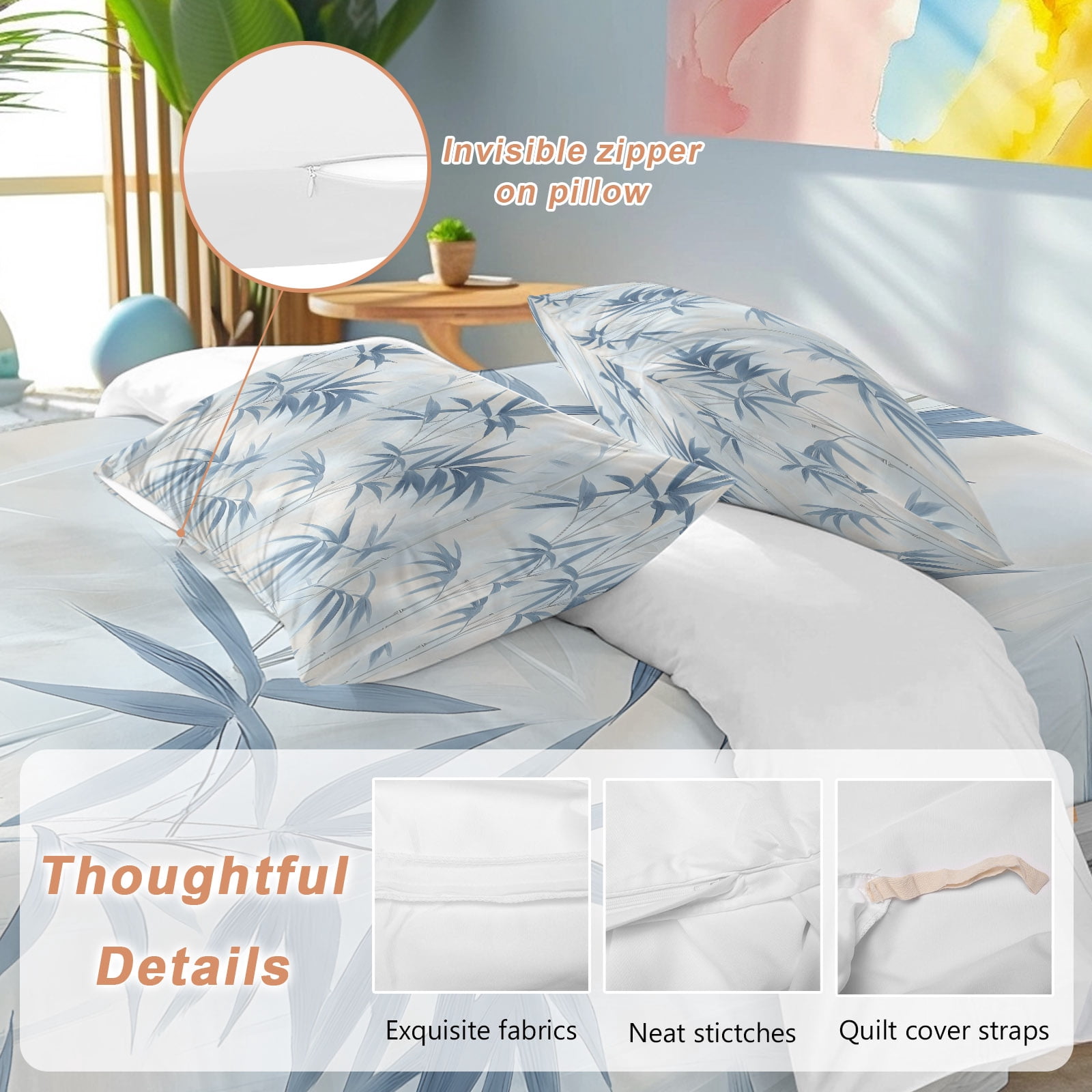 Abstract Bamboos Leaf Queen Duvet Cover Set, Blue Branch Leaves Watercolor 4 Piece Microfiber Bedding Set with Zipper Closure, Bed Sheet and 2 Pillow Shams, Soft Bedding Cover