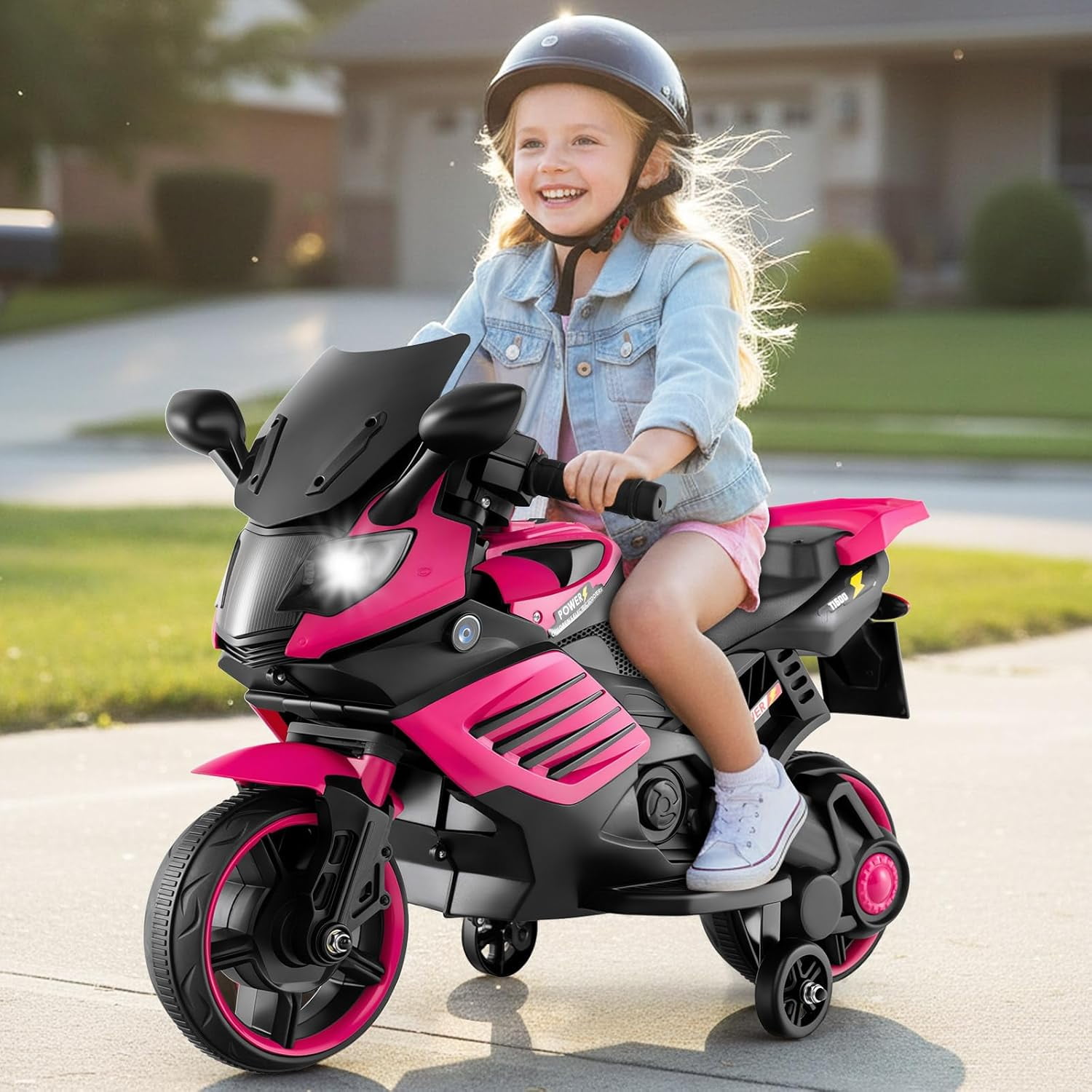 OLAKIDS 6V Kids Motorcycle with Training Wheels, Horn, Music, Headlight for Boys Girls Aged 3+ Years