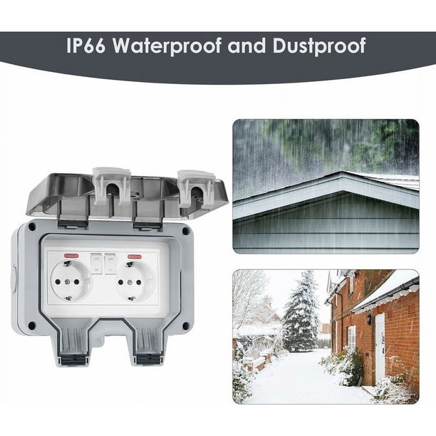 Enchufe Exterior Impermeable IP66, Toma De Corriente Doble Y Persiana De Protección, Regleta De Enchufe De Pared Para Jardín, Toma A Prueba De Polvo Y Viento Con Interruptor, Luz Indicadora
