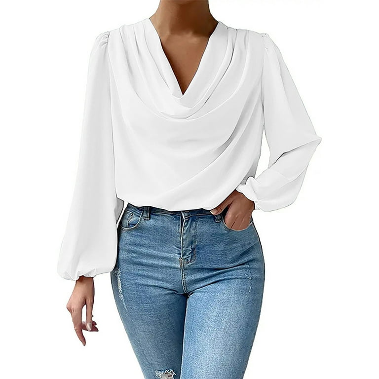 Jggspwm Women's Cowl Neck Dress Blouse Plus Size Long Sleeve Solid Shirts Cozy Balloon Sleeve Chiffon Shirts Business Casual Tops White M, Size
