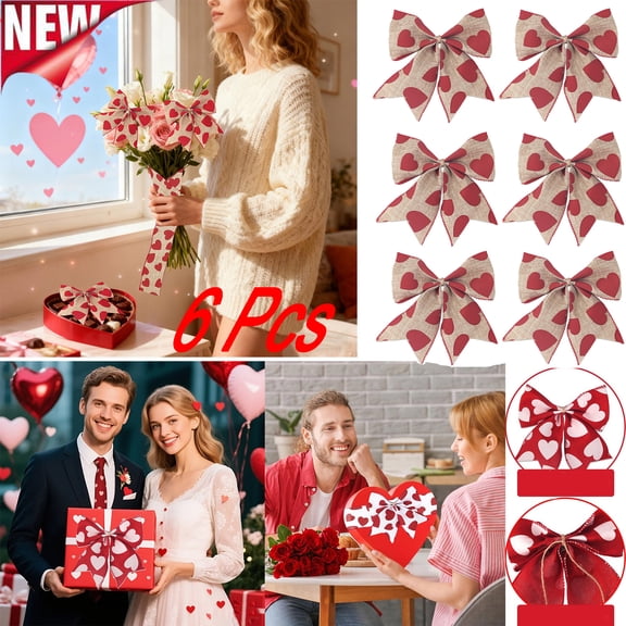 KOYPTL 6 Pcs Valentines Day Tree Bows Decorations with Pink Heart Decor 6*4.5 Inch Cloth Fabric Wrapping Bows for Valentines Day Gifts Wedding Holiday Party Home Decor