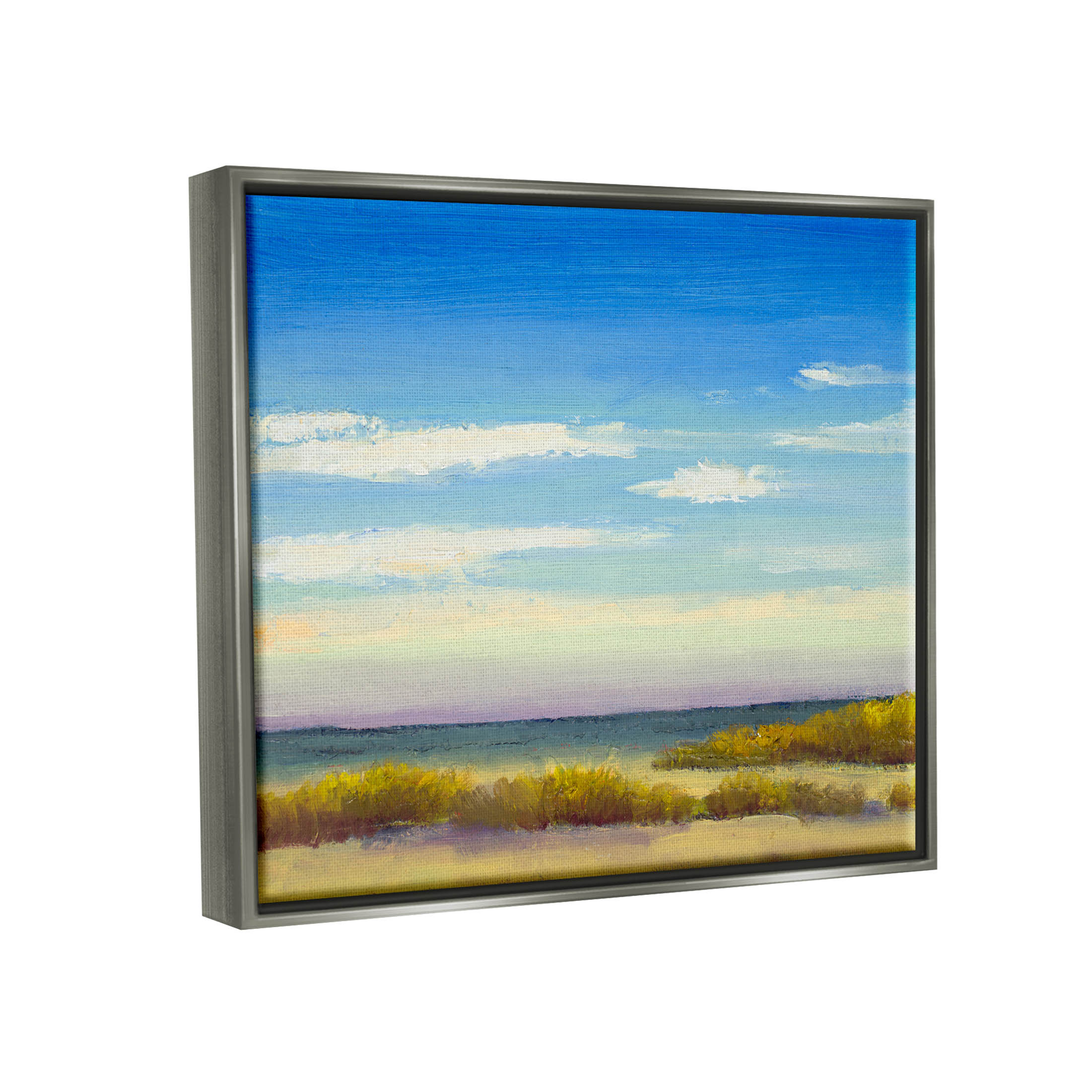 Coastal Beach Vivid Blue Sky Coastal Painting Luster Gray Framed Art Print Wall Art
