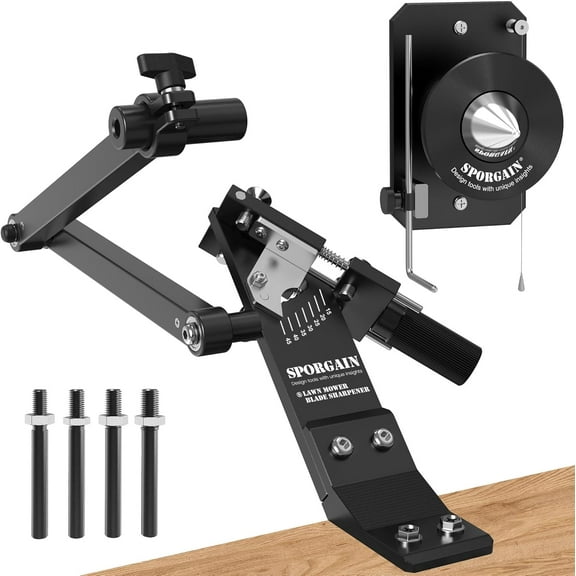 SporGain Lawn Mower Blade Sharpener & Balancer Kit - 15°-45° Adjustable Angle, Magnetic Balancer, Universal Fit for Most Mowers - Black