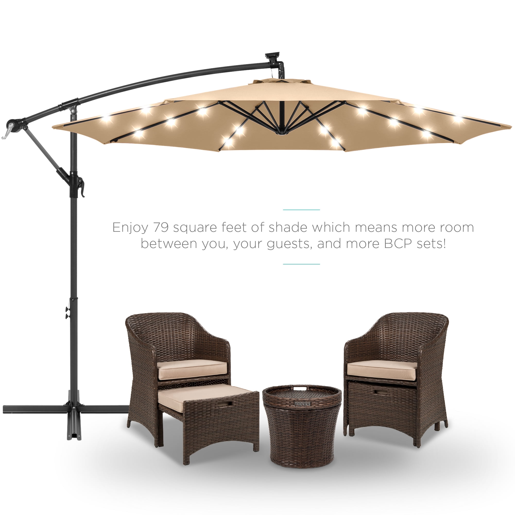 Best Choice Products 10ft Solar LED Offset Hanging Outdoor Market Patio Umbrella w/ Adjustable Tilt - Sand