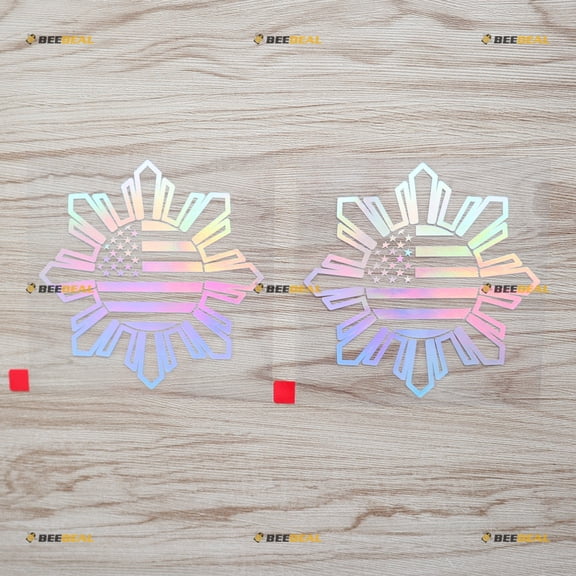 2 Pack Holographic Iridescent, 4 Inches - Philippines American USA Flag Merged Decal Sticker Vinyl Sun Star Filipino - for Car Boat Laptop Die Cut No Background