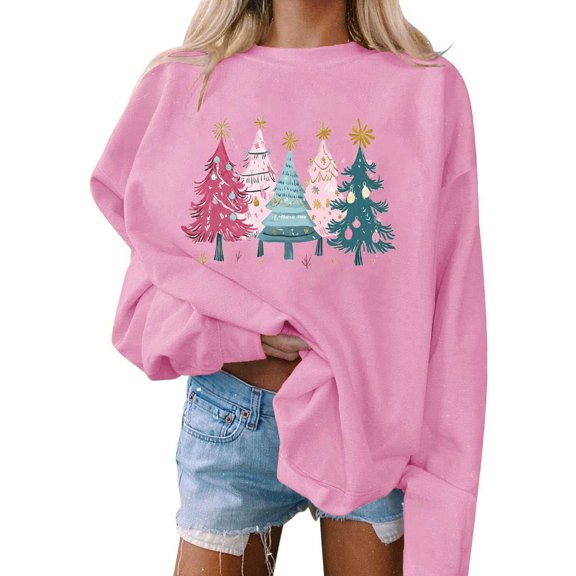 Christmas Sweatshirts for Women Solid Color Santa Printed Long Sleeve Crewneck Loose Shirts Pink XL
