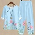 thumbnail image 1 of ICHUANYI Clearance Women's Summer Printed Half Sleeve Round Neck Cropped Top + Casual Pants Suit Set Two Piece Lounge Set(Light Blue, M) ICHUANYI WER2023081203239, 1 of 5