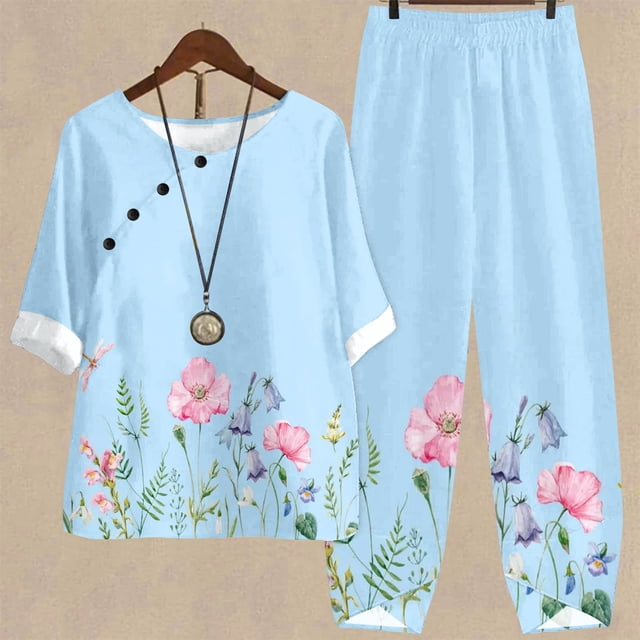 ICHUANYI Clearance Women's Summer Printed Half Sleeve Round Neck Cropped Top + Casual Pants Suit Set Two Piece Lounge Set(Light Blue, M) ICHUANYI WER2023081203239