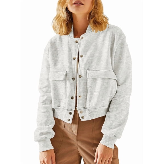 Womens Jacket Fall Winter Long Sleeve Stand Collar Shacket with Side Pocket Coat Light Gray XL