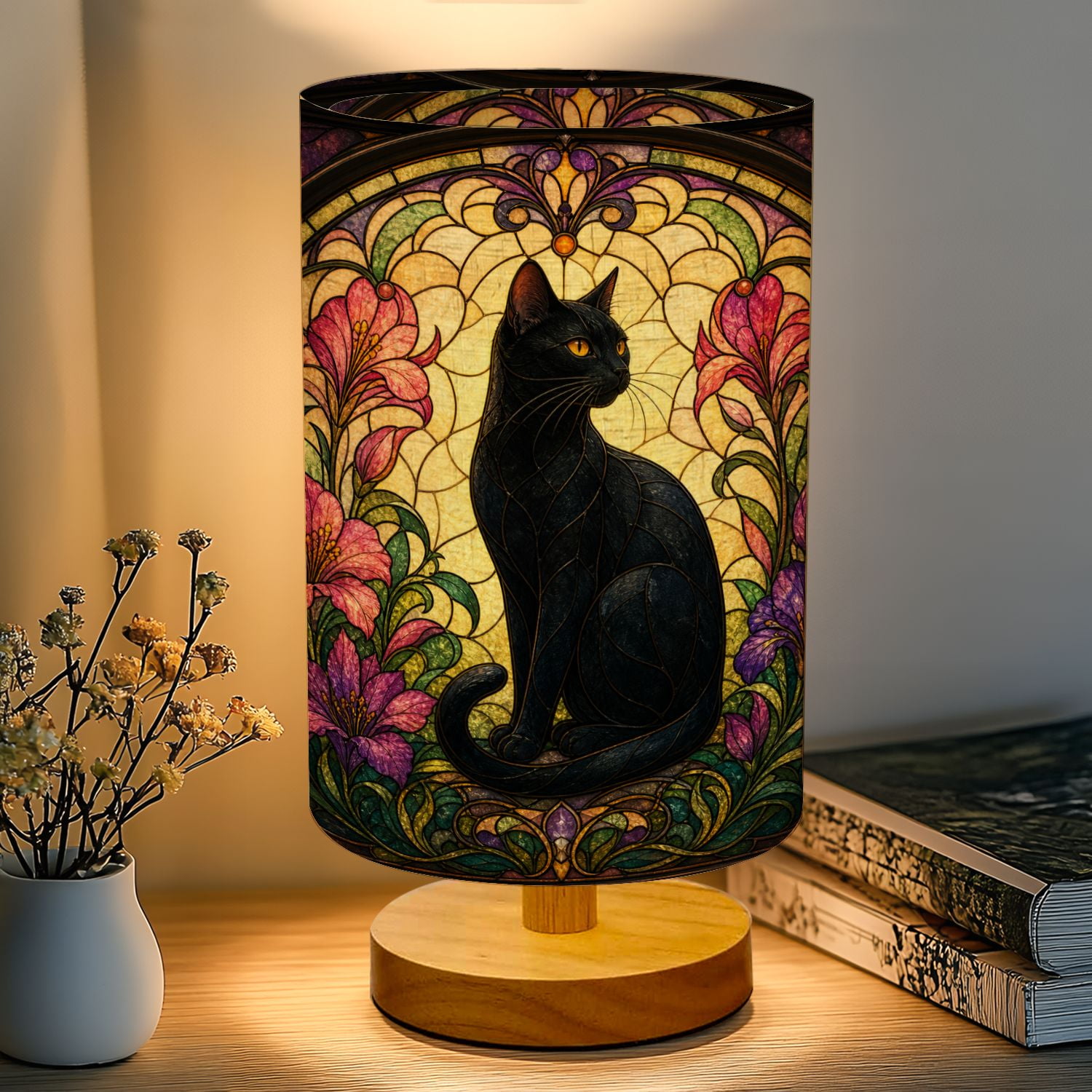 16-Color Dimmable Table Lamp, Elegant Black Cat Stained Glass Art Floral Motif Bedside Nightstand Light with Wood Base Fabric Shade for Bedroom Nursery Living Room Gifts