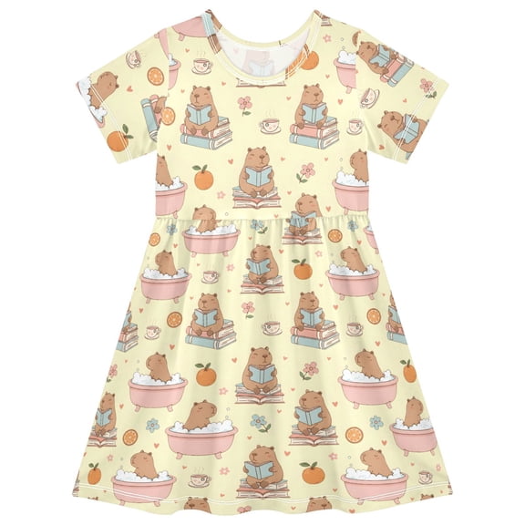 joogoo Capybara Life Girls' Short Sleeve Dress Kids Dresses 5-6T