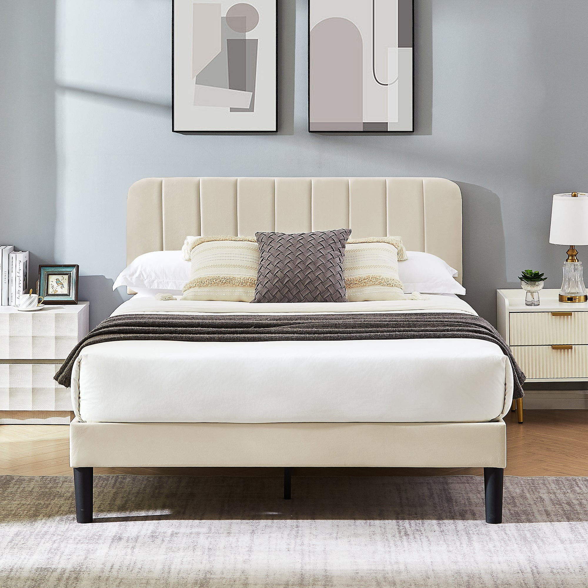 VECELO Full Size Bed Frame, Upholstered Platform Bed Frame with Adjustable Headboard, No Box Spring Needed, Easy Assembly, Beige