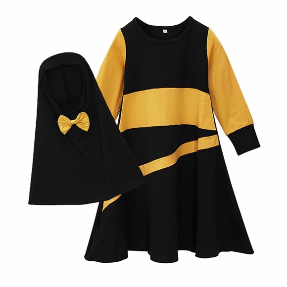 Muslim Dress for Kids Girls Long Sleeve Patchwork Islamic Abayas Maxi Dress Hijab Full Length Robe Two Piece Modest Clothing Set Black 8-9 Years