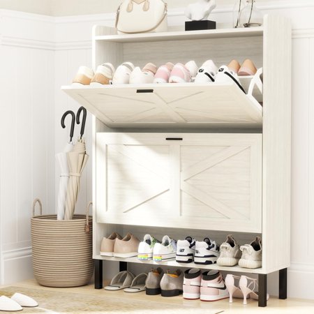 Shoe Storage Cabinet for Entryway Fits Size 13 24 Pairs Sturdy Wood Farmhouse Shoe Rack Organizer with 2 Flip Drawers 5-Tier Slim Narrow Freestanding Hidden Shoe Storage Rustic Brown
