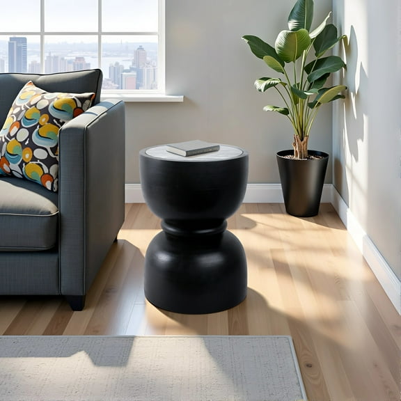 Mango Wood & Marble Accent Table  Modern Side Table for Living Room, Bedroom & Office 18" Black