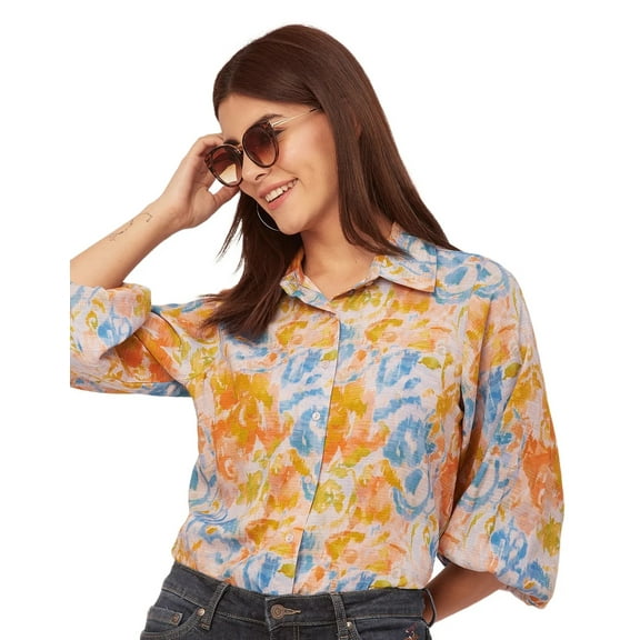 Moomaya Bishop Sleeves Collar Printed Rayon Shirt - Women's Stylish Shirt