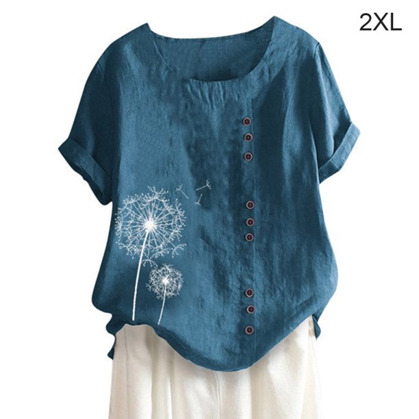 Camisa de mujer con botones, blusa informal de manga corta con cuello redondo, verde oscuro, XXL Inevent AP001735-21