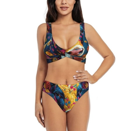 Zeuib Colorful Daisy Sunflower Cow High Waisted Tummy Control Bikini Set - Knot Front Push Up Top & Cheeky Thong Bottom  Two-Piece Swimsuit for Women-Small