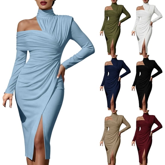THDHVS Formal Wedding Guest Dress,Solid Color High Neck Long Sleeve Ruched Bodycon Midi Dress Asymmetrical Split Hem Style,Dresses for Women Light Blue L