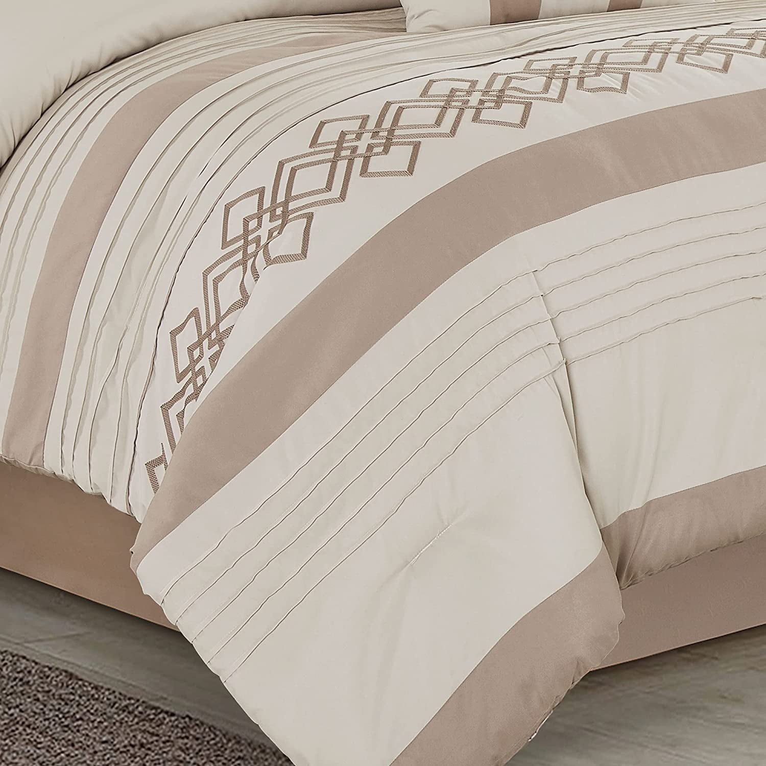 Chezmoi Collection Ariel 7-Piece Geometric Chenille Embroidery Comforter Bedding Set, Queen, Taupe