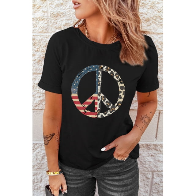 ABPHQTO Camiseta de manga corta con estampado gráfico de símbolo de paz de leopardo con bandera de EE. UU. negra para mujer