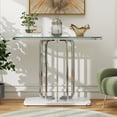 thumbnail image 4 of O&K FURNITURE 43" Modern Glass Console Table with Curved Chrome Frame & Faux Marble Base, Silver Narrow Sofa Table for Entryway, Living Room, Hallway, Home Office, 4 of 7