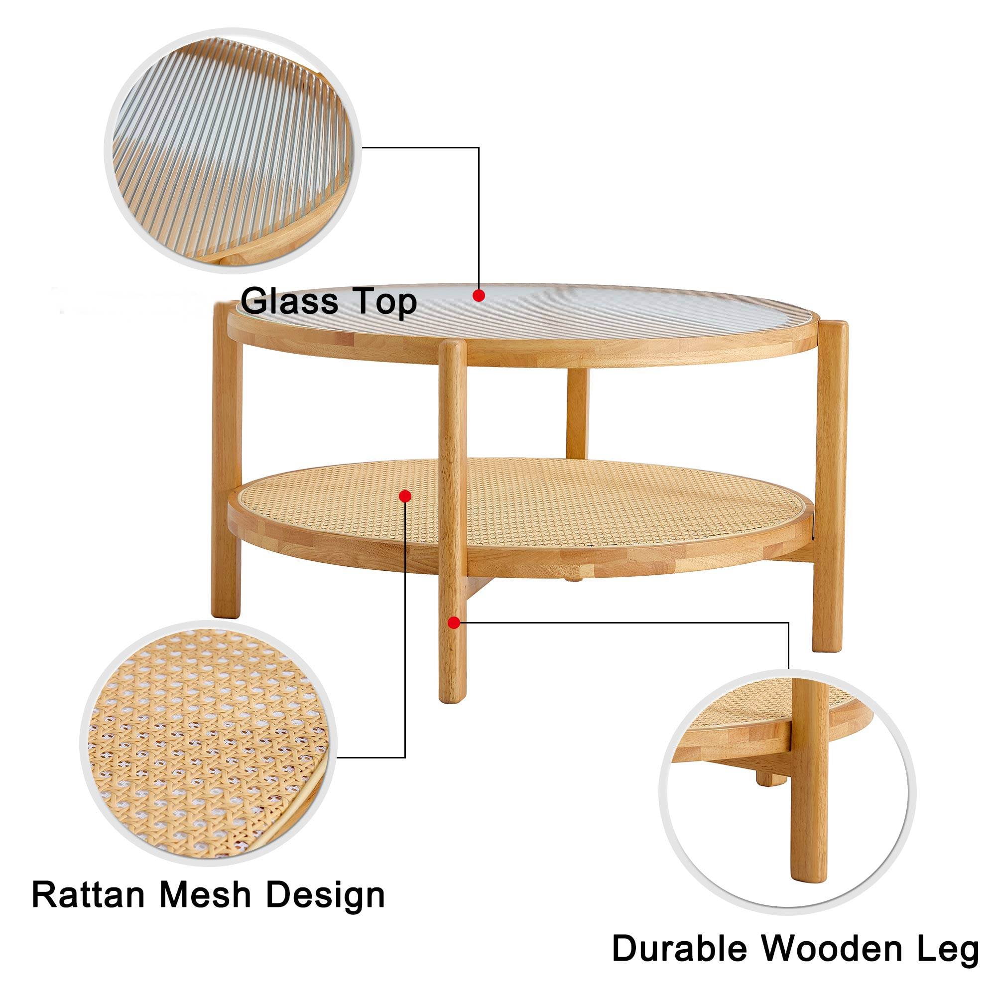 Kepooman 2-Tier Coffee Table, Round Tea Table with Solid Wood Frame and Pe Rattan, Modern Glass Sofa Center Table for Living Room, Natural Wood