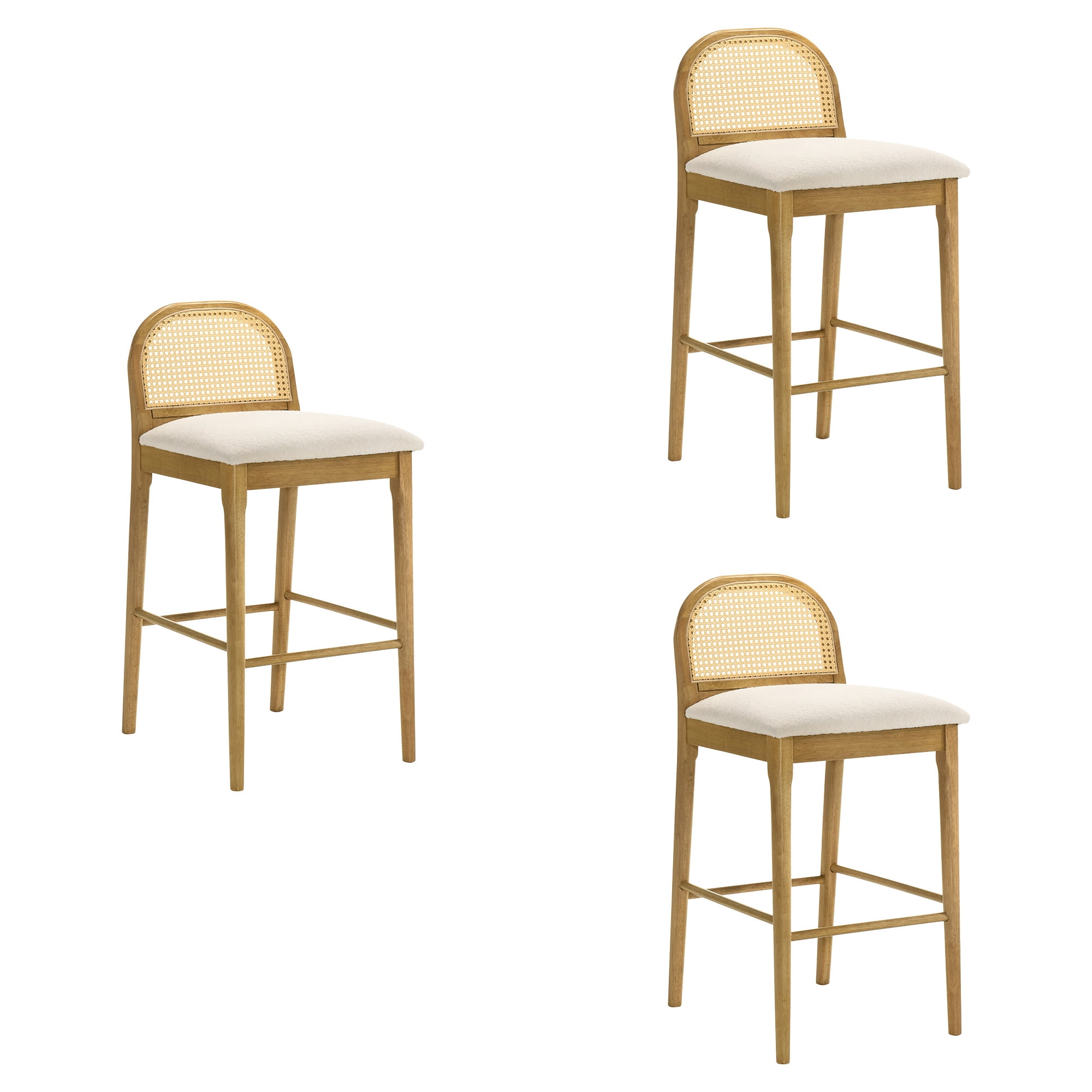 Lucio Modern Farmhouse Wood Bar Height Kitchen Bar Stool in Amber Glow Finish with White Boucle Fabric Upholstered Seat - Set of 3