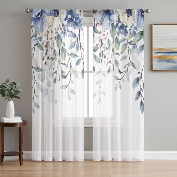 Blue Eucalyptus Sheer Curtains 96 Inch Length 2 Panels Set, Farmhouse Flowers Leaf White Watercolor Voile Window Treatment Semi Sheer Long Curtains Drapes for Bedroom/Living Room/Kitchen 52"x96"x2