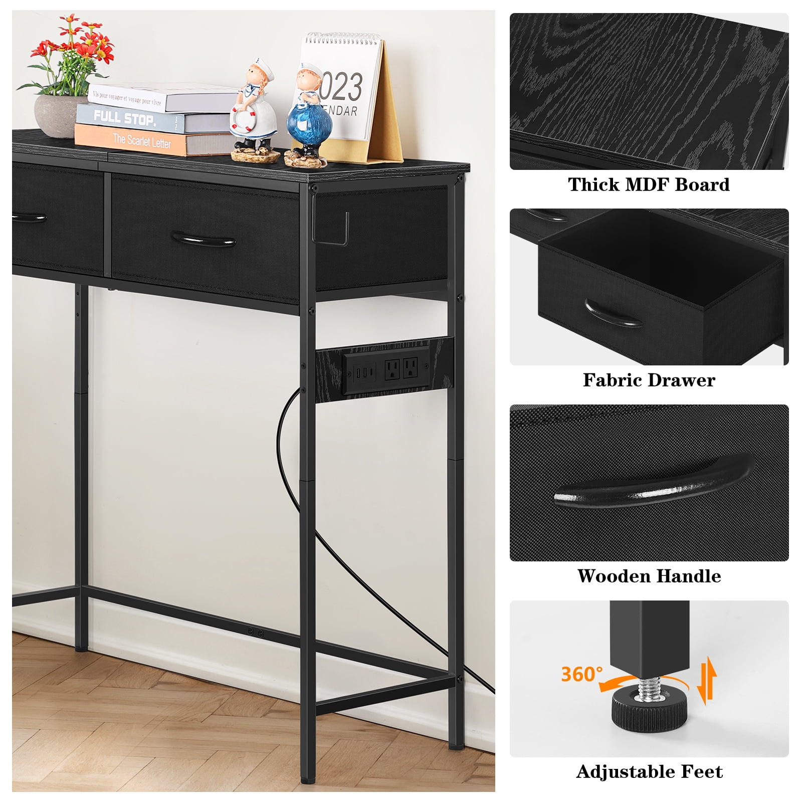 Industrial Console Table with Charging Station, 31.5 Inch Narrow Entryway Table with 2 Fabric Drawers, Side Hook & Adjustable Feet Black