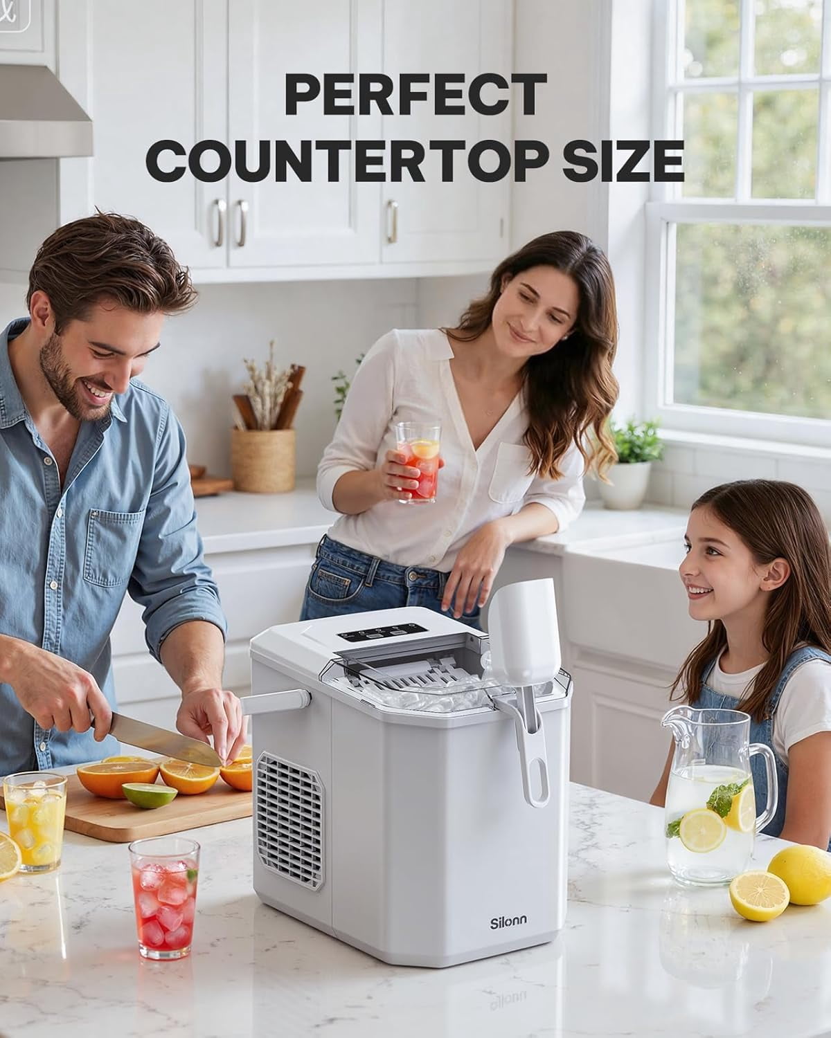 Ice Maker Countertop Machine with Handle, 26lbs in 24h, 9 Ice Cubes Ready in 6 Mins, Self-Cleaning Ice Makers with Basket and Scoop, Ideal for Home, Kitchen, Camping, RV
