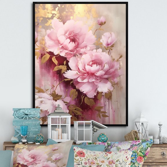 Designart "Radiant Peonies In Pink And Gold" Peonies Floater Framed Canvas Prints