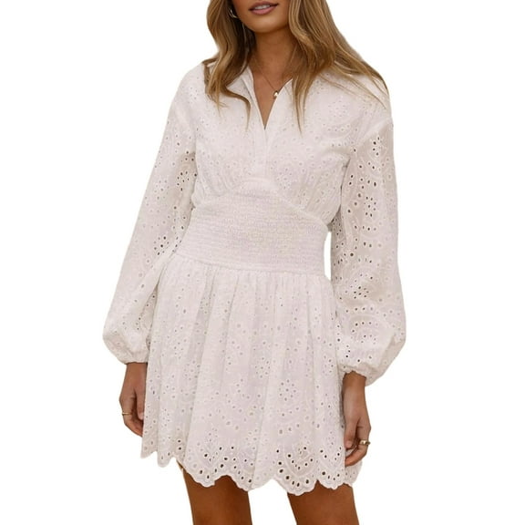 Women'S Spring Long Puff Sleeve Mini Dress Hollow Out Lace V Neck A Line Ruffle Casual Party Dresses White S